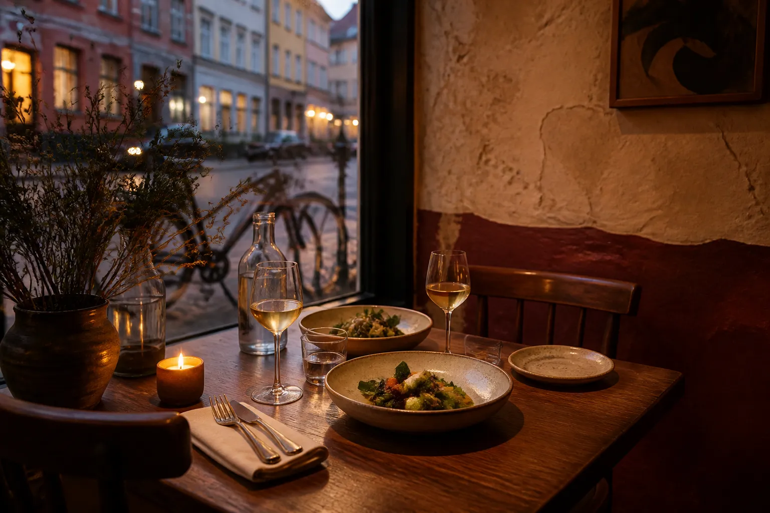 Fiktiv københavnsk bistro med dækket bord ved vinduet