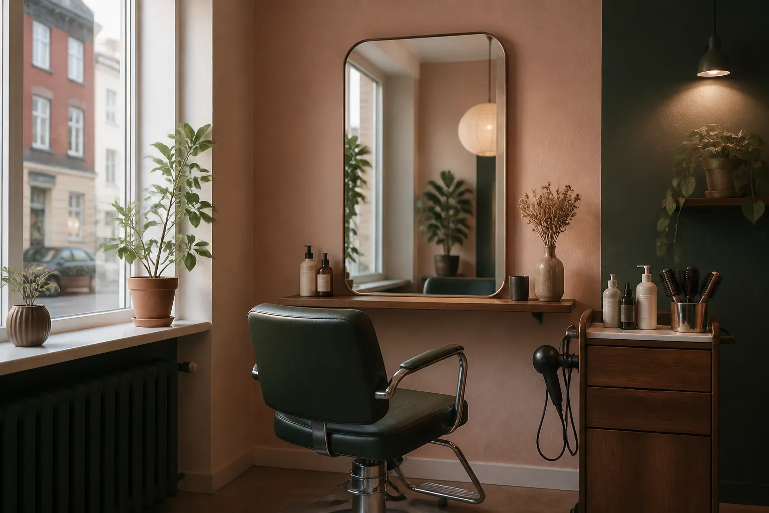 Fiktiv frisørsalon med grøn stol, spejl og planter