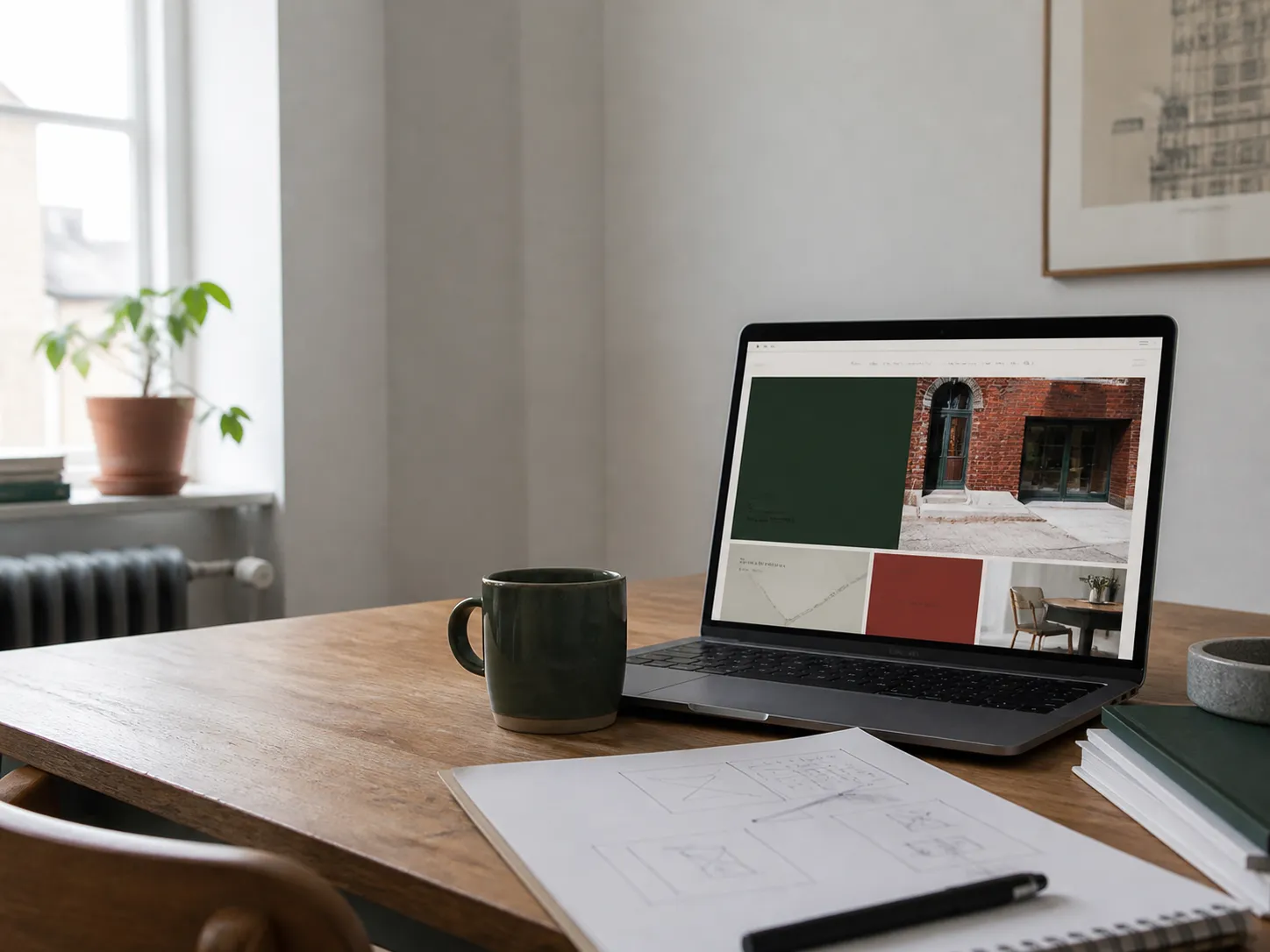 Arbejdsbord med bærbar computer og notesbog i københavnsk dagslys